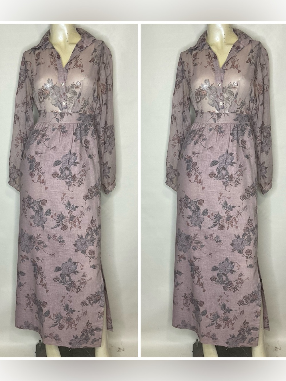 Vintage 70’s High Waisted Gauze Flax Maxi Skirt Semi Sheer Button Down Top Set S